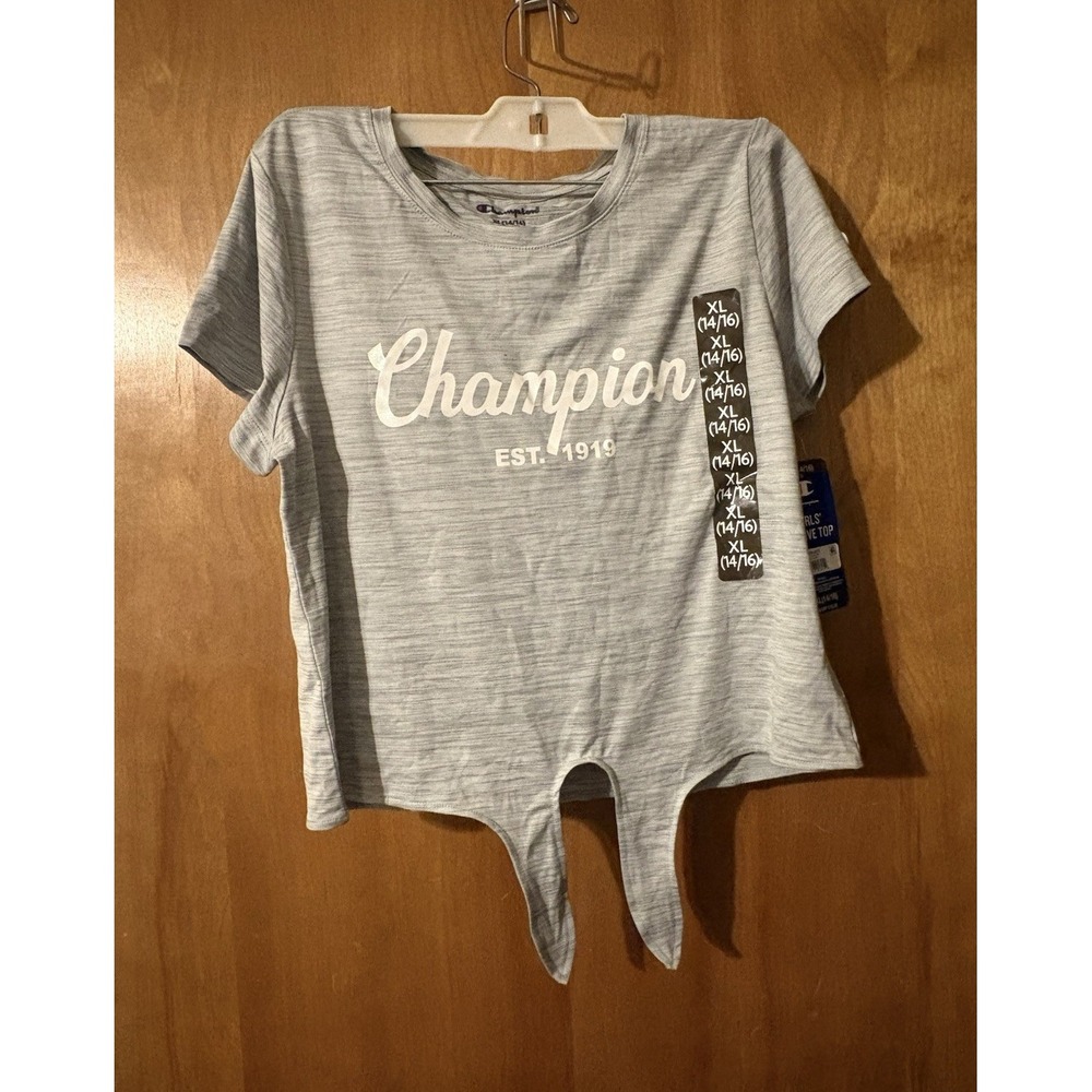 Champion Girls Active Gray Logo Graphic Tie Front T-Shirt XL 14/16 Crew 7199
